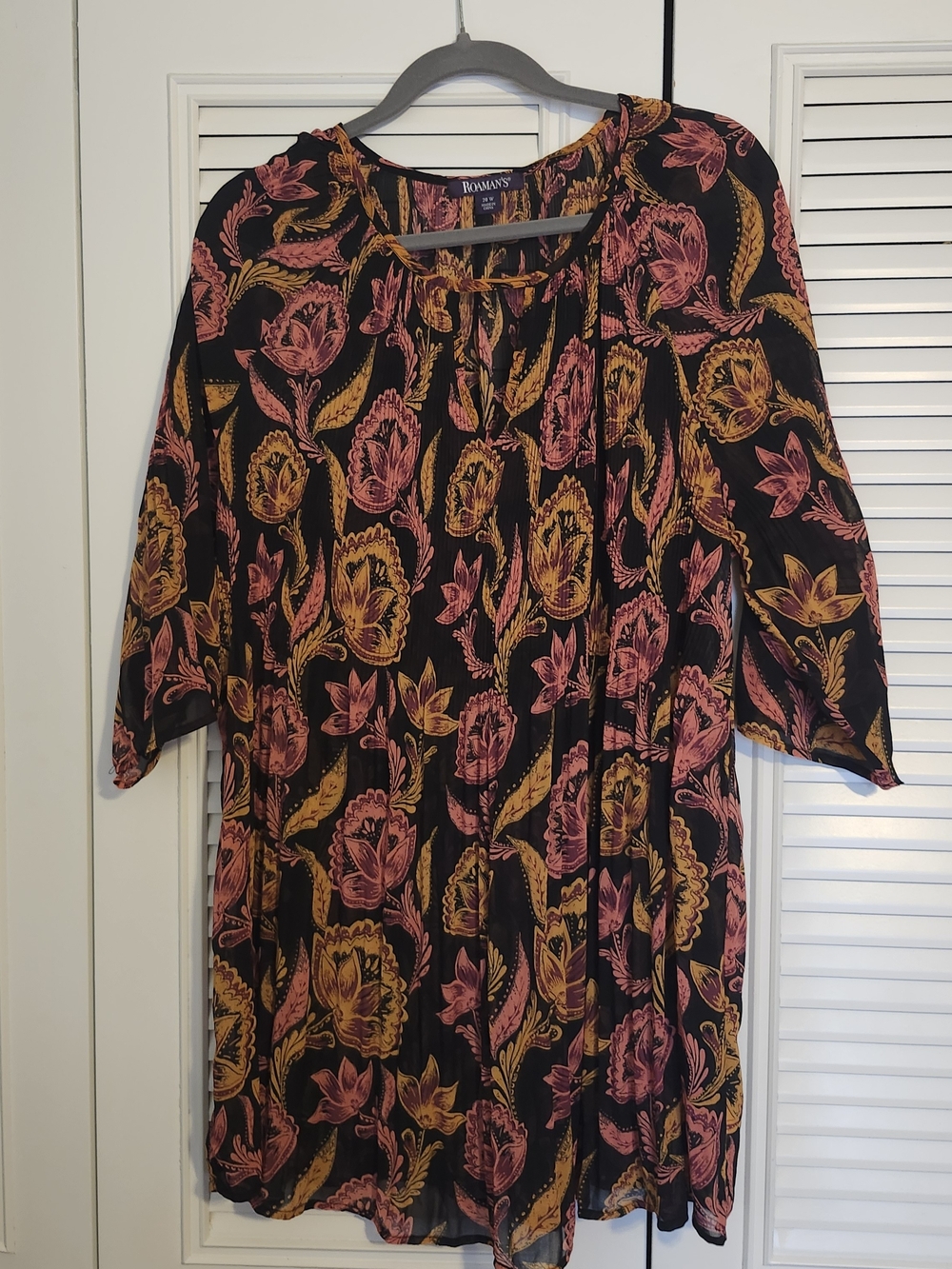 Roaman's Black Tunic with Pink and Gold Floral Print